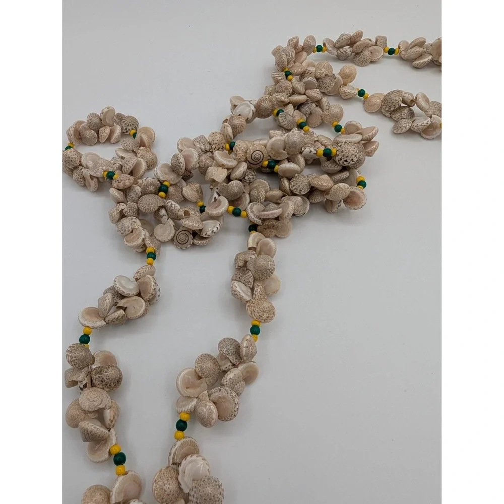 Vintage‎ Long Shell Lei Necklace Green Yellow Seed Beads Boho Coastal 60 Inch